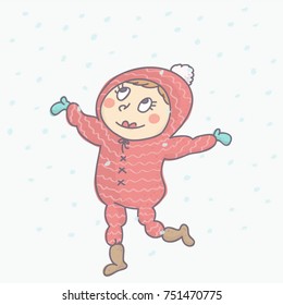 Cute little baby girl in pink ski suit with snowflakes around her, colorful vector illustration