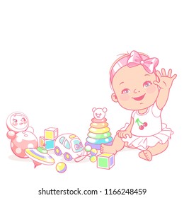 cute little baby girl say hello. Greeting baby. Happy smiling child play wave hands. Child's toys. Preset for blog. Template for mother's page in social media. Vector illustration.