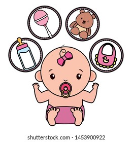cute little baby girl with set toys vector illustration design