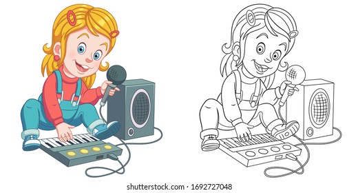 Cute little baby girl singing and playing piano. Coloring page and colorful clipart character. Cartoon design for t shirt print, icon, logo, label, patch or sticker. Vector illustration.