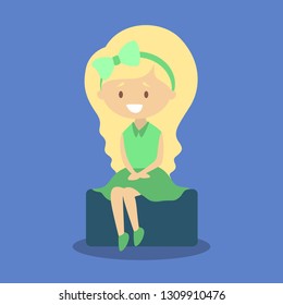 Cute little baby girl sitting. Kid in green dress. Happy child. Adorabe infant. Flat vector illustration