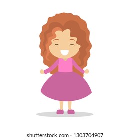Cute little baby girl standing. Kid in pink dress. Happy child. Adorabe infant. Flat vector illustration