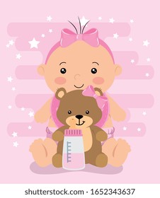 cute little baby girl with teddy bear and bottle milk vector illustration design