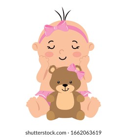 cute little baby girl with teddy bear vector illustration design