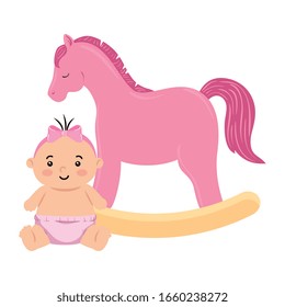 cute little baby girl with wooden horse toy vector illustration design