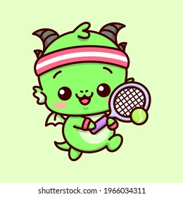 CUTE LITTLE BABY GREEN DRAGON IS PLAYING TENNIS WITH A PURPLE TENNIS RACKET AND WEARING RED HEADBAND CARTOON CHARACTER DESIGN