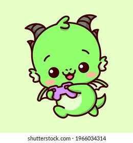 CUTE LITTLE BABY GREEN DRAGON IS PLAYING GAME AND HOLDING A PURPLE JOYSTICK AND MAKE A HAPPY FACE CARTOON MASCOT