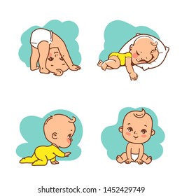 Cute Little Baby Icon Set. Collection Of Vector Stickers Of Little Baby Boyar Girl In Diaper, Pajamas. Child Sleeping, Sitting, Crawling, Stand On Head. Emblem Of Kid Health. Vector Illustration.