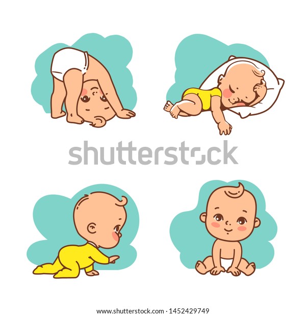 かわいい赤ちゃんのアイコンセット おむつを着た小さな少年少女 パジャマのベクター画像ステッカーのコレクション 寝て座って這っている子が頭の上に立つ 子供の健康の象徴 ベクターイラスト のベクター画像素材 ロイヤリティフリー