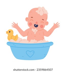 Cute Little Baby or Infant Bathing in Basin with Foam and Rubber Duck Vector Illustration