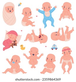 Cute Little Baby or Infant in Diaper Vector Set