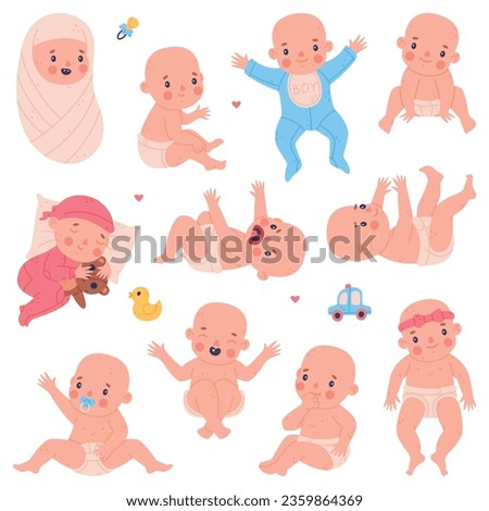 Cute Little Baby or Infant in Diaper Vector Set