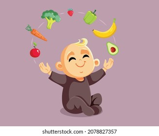 
Cute Little Baby Juggling Fruits and Vegetables Vector Cartoon. Infant adapting to solid food enjoying natural organic ingredients
