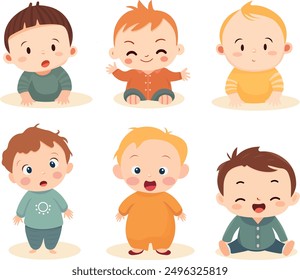 Conjunto de bebé niño lindo que muestra diferentes caras ilustración. El Vector es de estilo plano. Un niño activo de 6 meses a un año está sentado. El primer año de la vida de un niño. Juego de niños sanos.