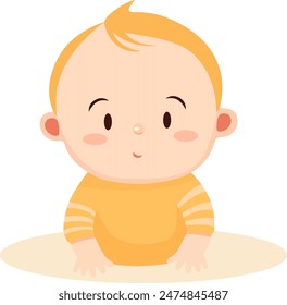 Lindo bebé niño que muestra la ilustración de la cara sorprendida. El Vector es de estilo plano. Un niño activo de 6 meses a un año está sentado. El primer año de vida de un niño. Juego infantil saludable. 