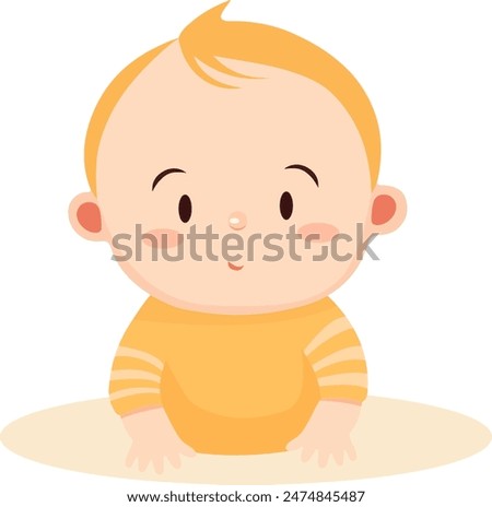 Cute little baby kid showing surprised face illustration. Vector is in flat style. An active child aged 6 months to one year is sitting. The first year of a child's life. Healthy children's game. 