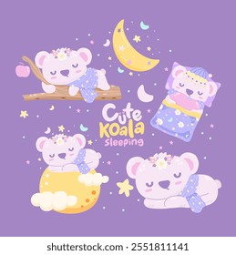 Cute little baby koala bear is sleeping elements. Vector illustration. Created with Illustrator. Not generative AI.