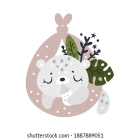 Cute little baby leopard isolated on white background. Baby shower creative clip art with cub animal. Ideal for card, poster, kids room decoration, clothing, nursery prints, anniversary, party