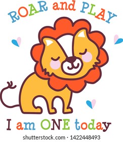 A cute little baby lion celebrates its first birthday. I am one year old today. Cute illustration for your greeting card, poster, t-shirt design.