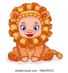 Cute little baby in lion costume.  Cartoon characters. Vector illustration. Can be used for fashion print design, kids wear, baby shower, celebration greeting and invitation card, postcard.