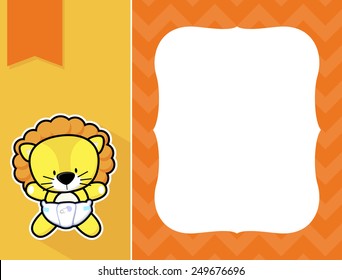 cute little baby lion with diaper, black and white outline like a sticker and blank space for your birth announcement text, picture or invitation with decorative frame