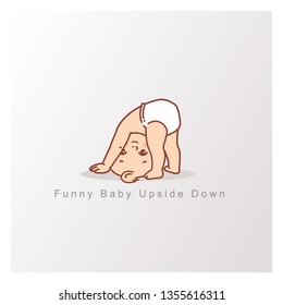 Cute little baby logo template. Baby girl boy isolated. Funny child stand on head, upside down. Design template. Vector color illustration.