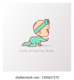 Cute little baby logo template. Baby girl in green pajamas crawl isolated. Curious baby. Design template. Vector color illustration.