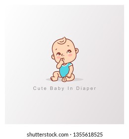 Cute little baby logo template. Curious baby girl or boy in blue bodysuit isolated. Design template. Vector color illustration.