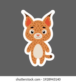 Cute little baby lynx sticker. Cartoon animal character for kids cards, baby shower, birthday invitation, house interior. Bright colored childish vector illustration in cartoon style.