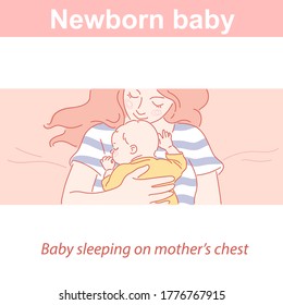 Cute little baby with mother. Young woman holding her newborn baby. Child sleep on mother's chest.  Calm baby peacefully sleep. Symbol of love and care. Happy motherhood.  Color vector illustration.