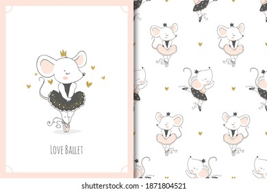 Cute little baby mouse ballerina dancer character. Mice card and seamless background pattern set. Hand drawn surface design vector illustration