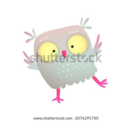 Cute little baby owl greeting, jumping or dancing. Cheerful happy owl bird for kids and children design. Vector illustration in watercolor style.