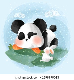 cute little baby panda and rabbit