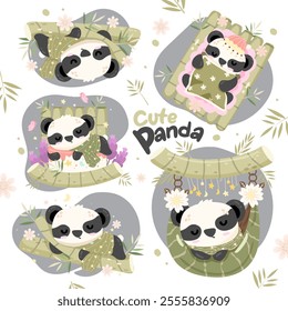 Cute little baby panda is sleeping elements. vector illustration.