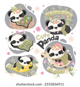 Cute little baby panda is sleeping elements. vector illustration.