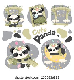 Cute little baby panda is sleeping elements. vector illustration.