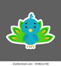 Cute little baby peacock sticker. Cartoon animal character for kids cards, baby shower, birthday invitation, house interior. Bright colored childish vector illustration in cartoon style.