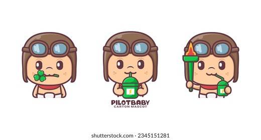 cute little baby pilot cartoon mascot. vector illustrations with outline style.