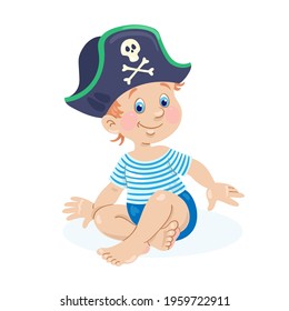 Cute little baby in a pirate costume. In cartoon style. Isolated on white background. Vector flat illustration