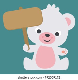 Cute Little Baby Polar Bear Holding Blank Banner Sign Sitting Flat Vector Illustration