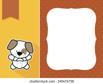 cute little baby puppy with diaper, black and white outline like a sticker and blank space for your birth announcement text, picture or invitation with decorative frame