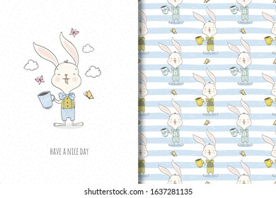 Cute little baby rabbit cartoon character with tea mug and butterflies. Surface design and funny illustration. Kids card print template and seamless background pattern set.