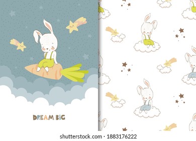 Cute little baby rabbit character flying in night on the carrot. Cartoon card and seamless background pattern set. Hand drawn surface design vector illustration.