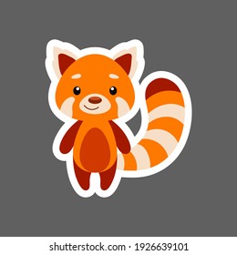 Cute little baby red panda sticker. Cartoon animal character for kids cards, baby shower, birthday invitation, house interior. Bright colored childish vector illustration in cartoon style.