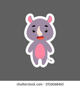 Cute little baby rhino sticker. Cartoon animal character for kids cards, baby shower, birthday invitation, house interior. Bright colored childish vector illustration in cartoon style.