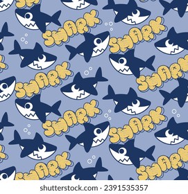 Cute little baby shark cartoon under the sea isolated on blue background illustration vector.
