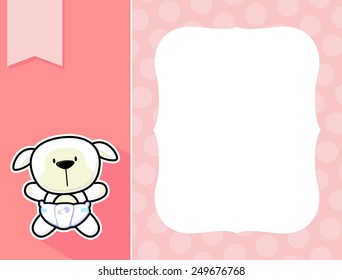 cute little baby sheep with diaper, black and white outline like a sticker and blank space for your birth announcement text, picture or invitation with decorative frame