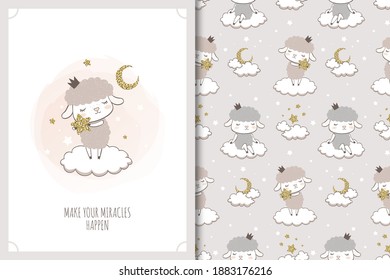 Cute Little Baby Sheep Princes Character. Cartoon Card And Seamless Pattern Set. Hand Drawn Surface Design Vector Illustration