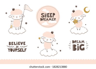 Cute Little baby sheep princess character collection. Hand drawn surface design vector illustration. Cartoon doodle style isolated icons. Sticker set.