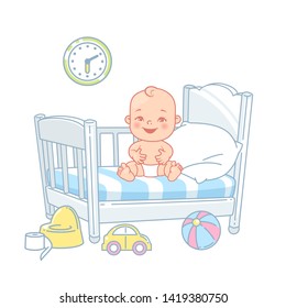 Cute little baby sit in bed. Pretty child in diaper awake. Healthy sleep. White bed, pillow and sheets. Happy baby smile. Toys near bed. Kid's room. Color vector illustration.